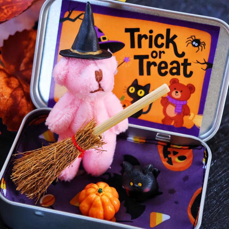 ๐๐งธCute Halloween Teddy Bear in a Box with wizard hat, Blanket, Broom, Pumpkin & Cat๐๐ป