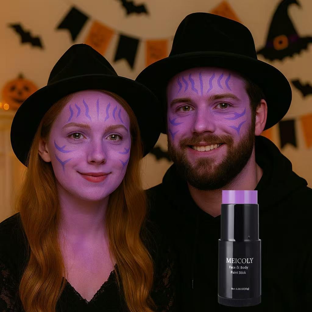 MEICOLY Black White Face Body Paint Stick Set with Sponges and Setting Powder,Face Paint Stick for Adults and Kids,Clown White Makeup,Face Painting for Halloween SFX Skull Zombie Skeleton Goth Makeup