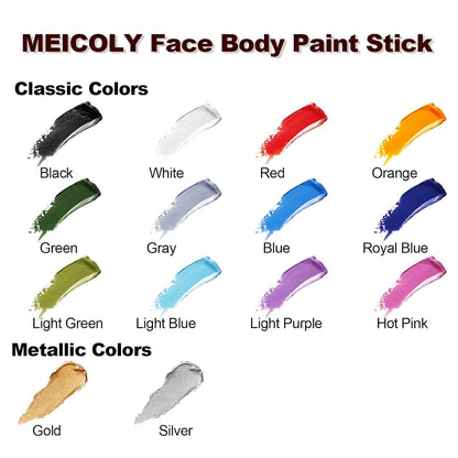 MEICOLY Black White Face Body Paint Stick Set with Sponges and Setting Powder,Face Paint Stick for Adults and Kids,Clown White Makeup,Face Painting for Halloween SFX Skull Zombie Skeleton Goth Makeup