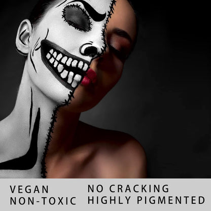 MEICOLY Black White Face Body Paint Stick Set with Sponges and Setting Powder,Face Paint Stick for Adults and Kids,Clown White Makeup,Face Painting for Halloween SFX Skull Zombie Skeleton Goth Makeup