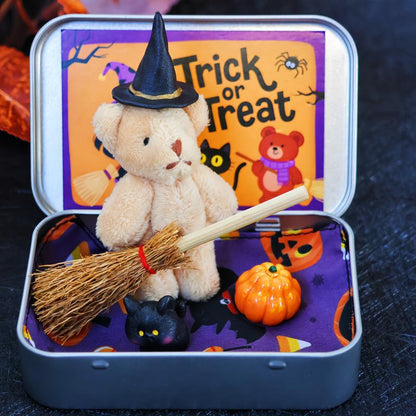 🎃🧸Cute Halloween Teddy Bear in a Box with wizard hat, Blanket, Broom, Pumpkin & Cat🌟👻
