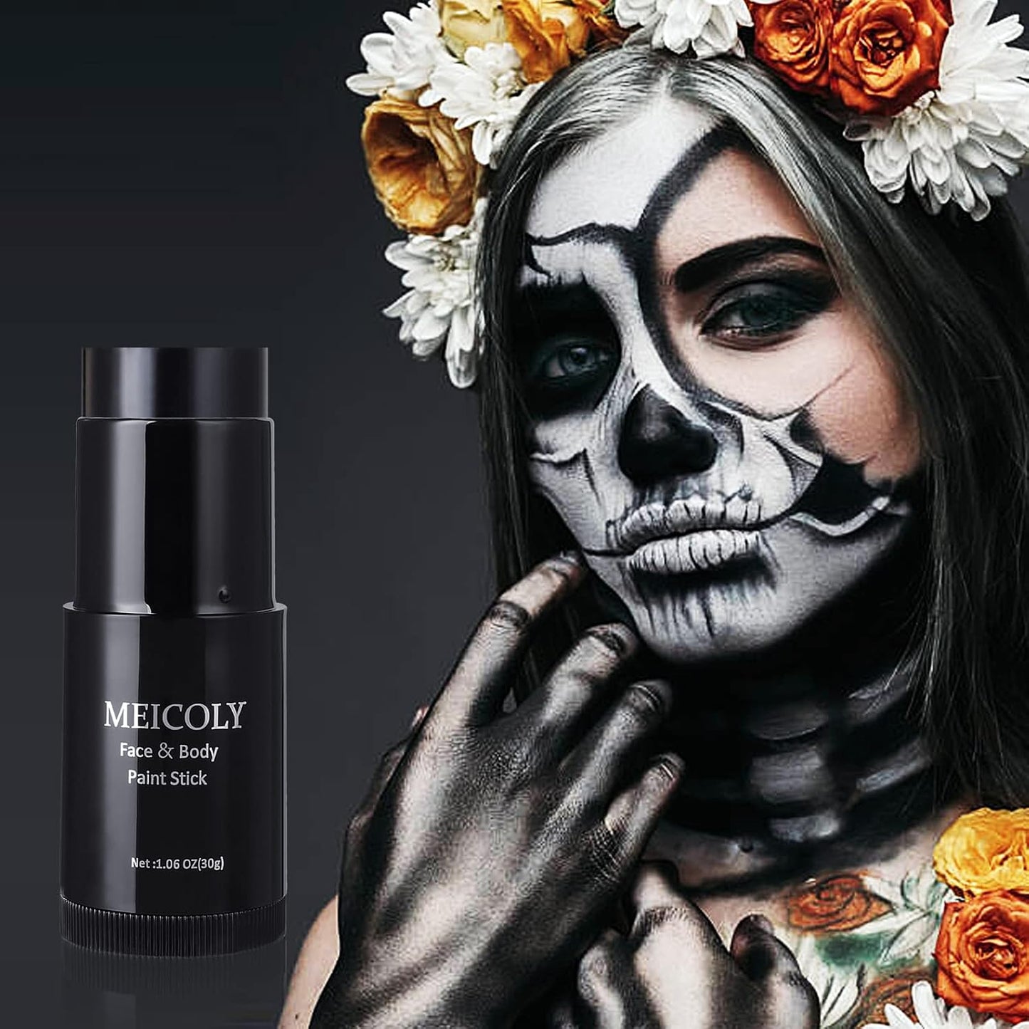 MEICOLY Black White Face Body Paint Stick Set with Sponges and Setting Powder,Face Paint Stick for Adults and Kids,Clown White Makeup,Face Painting for Halloween SFX Skull Zombie Skeleton Goth Makeup