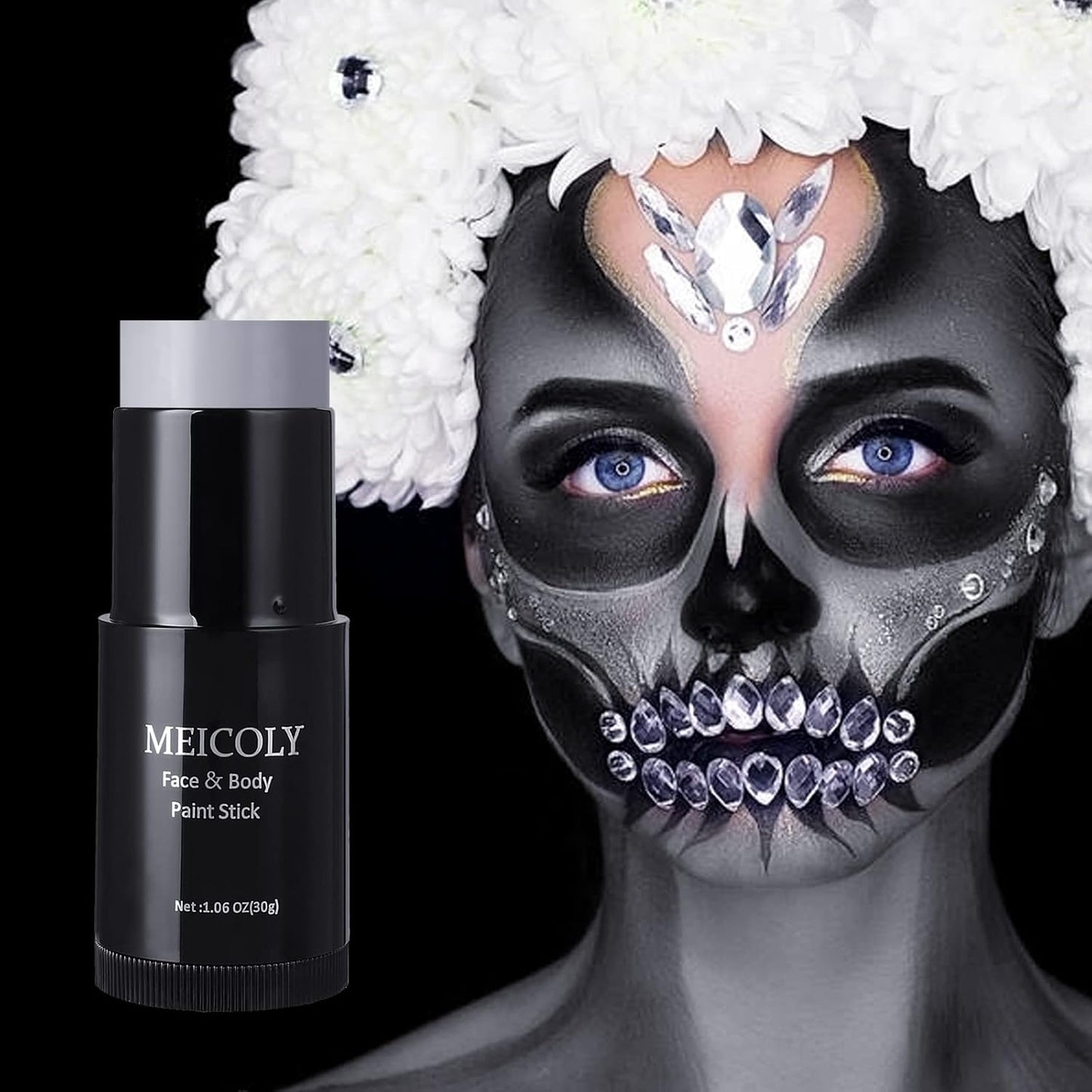 MEICOLY Black White Face Body Paint Stick Set with Sponges and Setting Powder,Face Paint Stick for Adults and Kids,Clown White Makeup,Face Painting for Halloween SFX Skull Zombie Skeleton Goth Makeup