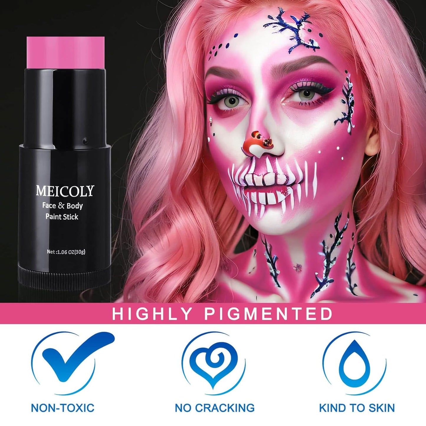 MEICOLY Black White Face Body Paint Stick Set with Sponges and Setting Powder,Face Paint Stick for Adults and Kids,Clown White Makeup,Face Painting for Halloween SFX Skull Zombie Skeleton Goth Makeup