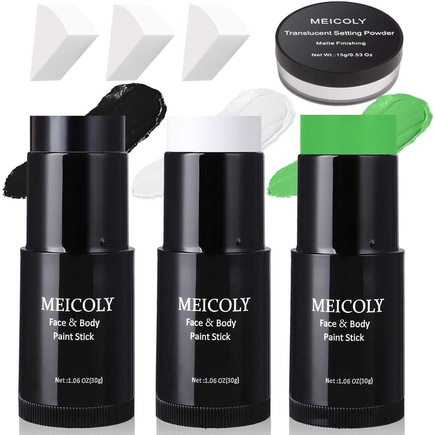 MEICOLY Black White Face Body Paint Stick Set with Sponges and Setting Powder,Face Paint Stick for Adults and Kids,Clown White Makeup,Face Painting for Halloween SFX Skull Zombie Skeleton Goth Makeup