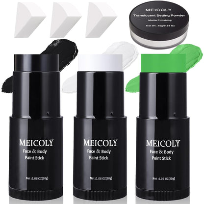 MEICOLY Black White Face Body Paint Stick Set with Sponges and Setting Powder,Face Paint Stick for Adults and Kids,Clown White Makeup,Face Painting for Halloween SFX Skull Zombie Skeleton Goth Makeup