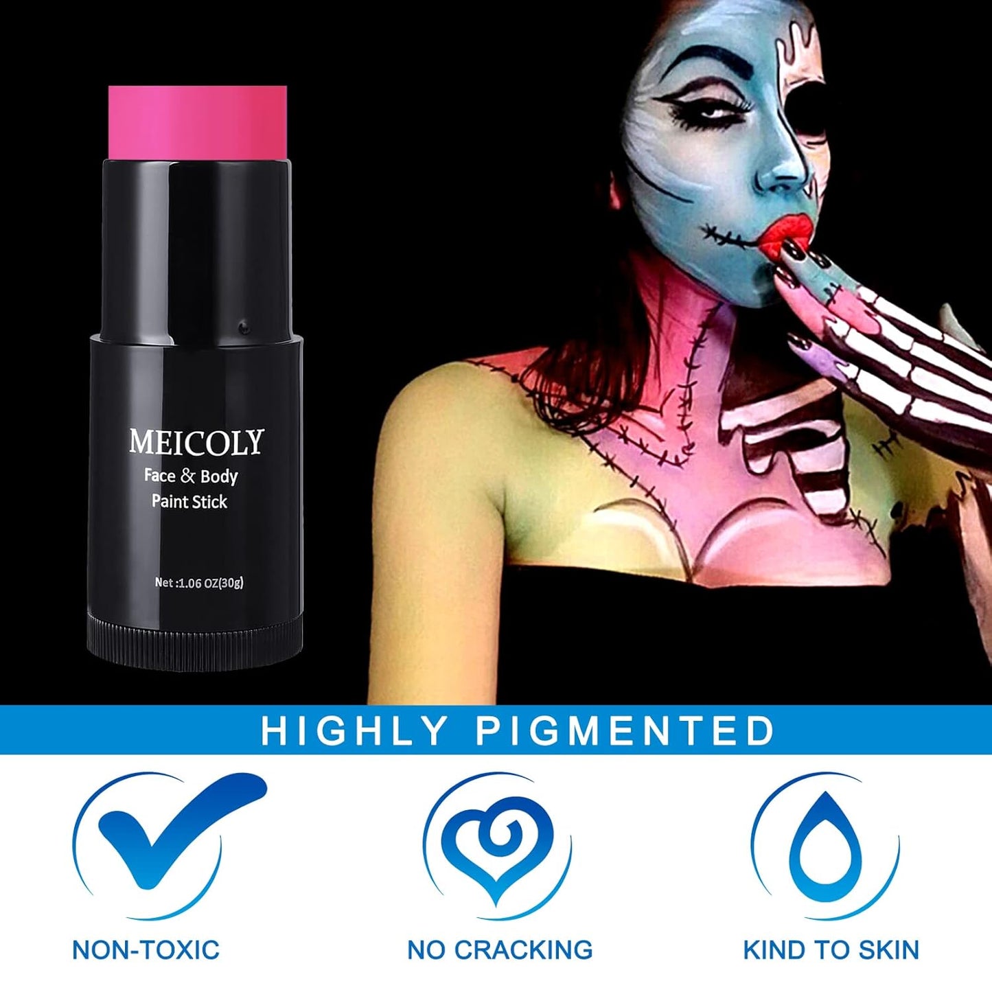 MEICOLY Black White Face Body Paint Stick Set with Sponges and Setting Powder,Face Paint Stick for Adults and Kids,Clown White Makeup,Face Painting for Halloween SFX Skull Zombie Skeleton Goth Makeup