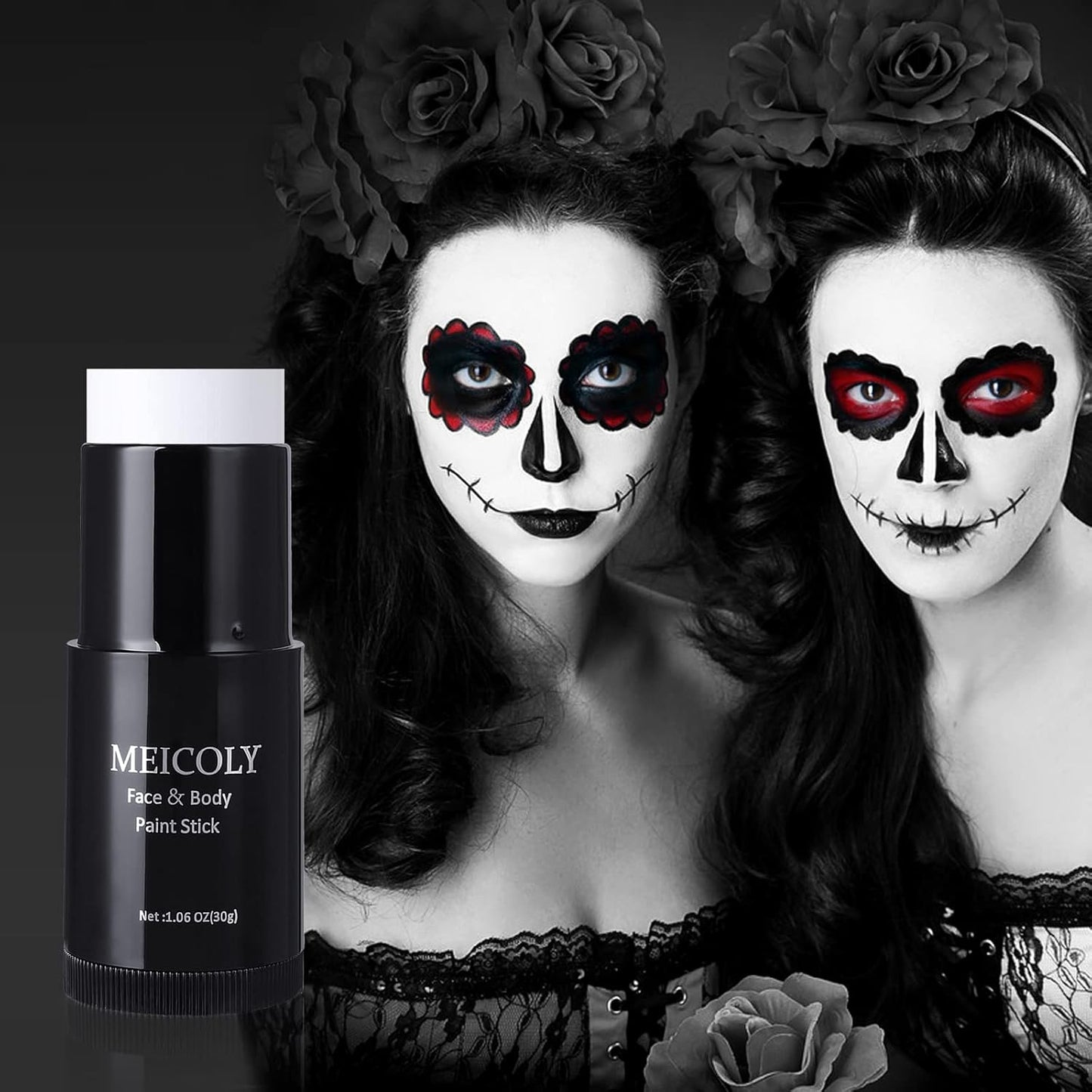 MEICOLY Black White Face Body Paint Stick Set with Sponges and Setting Powder,Face Paint Stick for Adults and Kids,Clown White Makeup,Face Painting for Halloween SFX Skull Zombie Skeleton Goth Makeup
