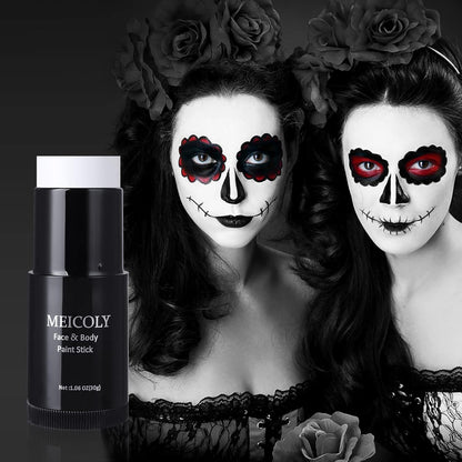 MEICOLY Black White Face Body Paint Stick Set with Sponges and Setting Powder,Face Paint Stick for Adults and Kids,Clown White Makeup,Face Painting for Halloween SFX Skull Zombie Skeleton Goth Makeup