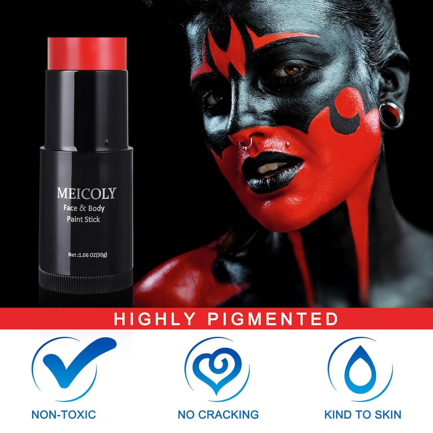 MEICOLY Black White Face Body Paint Stick Set with Sponges and Setting Powder,Face Paint Stick for Adults and Kids,Clown White Makeup,Face Painting for Halloween SFX Skull Zombie Skeleton Goth Makeup