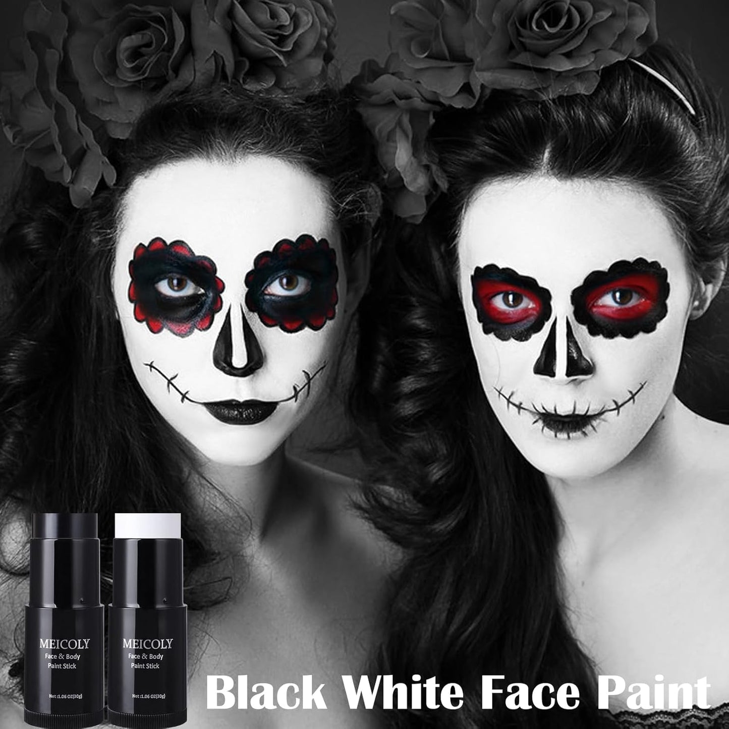 MEICOLY Black White Face Body Paint Stick Set with Sponges and Setting Powder,Face Paint Stick for Adults and Kids,Clown White Makeup,Face Painting for Halloween SFX Skull Zombie Skeleton Goth Makeup