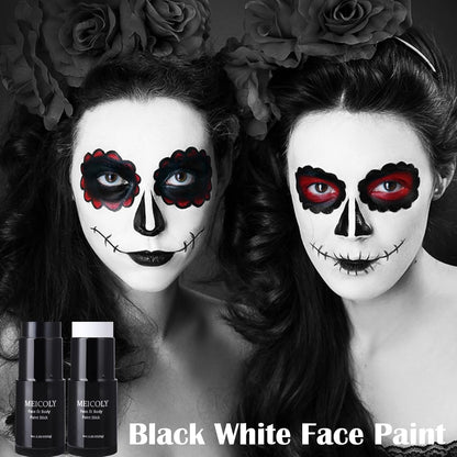 MEICOLY Black White Face Body Paint Stick Set with Sponges and Setting Powder,Face Paint Stick for Adults and Kids,Clown White Makeup,Face Painting for Halloween SFX Skull Zombie Skeleton Goth Makeup