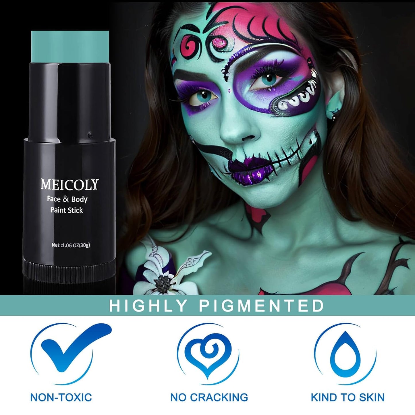 MEICOLY Black White Face Body Paint Stick Set with Sponges and Setting Powder,Face Paint Stick for Adults and Kids,Clown White Makeup,Face Painting for Halloween SFX Skull Zombie Skeleton Goth Makeup