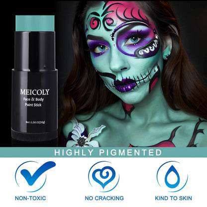 MEICOLY Black White Face Body Paint Stick Set with Sponges and Setting Powder,Face Paint Stick for Adults and Kids,Clown White Makeup,Face Painting for Halloween SFX Skull Zombie Skeleton Goth Makeup
