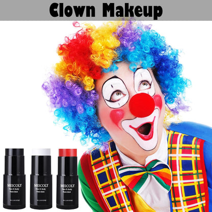 MEICOLY Black White Face Body Paint Stick Set with Sponges and Setting Powder,Face Paint Stick for Adults and Kids,Clown White Makeup,Face Painting for Halloween SFX Skull Zombie Skeleton Goth Makeup