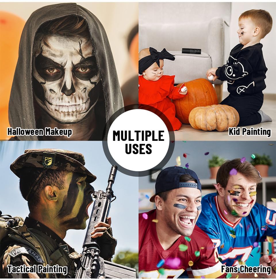 MEICOLY Black White Face Body Paint Stick Set with Sponges and Setting Powder,Face Paint Stick for Adults and Kids,Clown White Makeup,Face Painting for Halloween SFX Skull Zombie Skeleton Goth Makeup