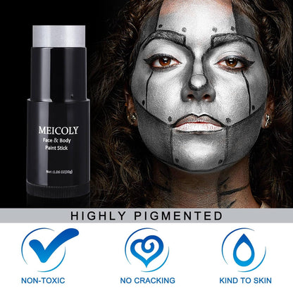MEICOLY Black White Face Body Paint Stick Set with Sponges and Setting Powder,Face Paint Stick for Adults and Kids,Clown White Makeup,Face Painting for Halloween SFX Skull Zombie Skeleton Goth Makeup
