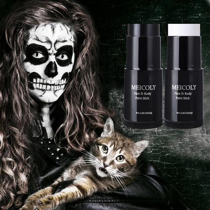MEICOLY Black White Face Body Paint Stick Set with Sponges and Setting Powder,Face Paint Stick for Adults and Kids,Clown White Makeup,Face Painting for Halloween SFX Skull Zombie Skeleton Goth Makeup