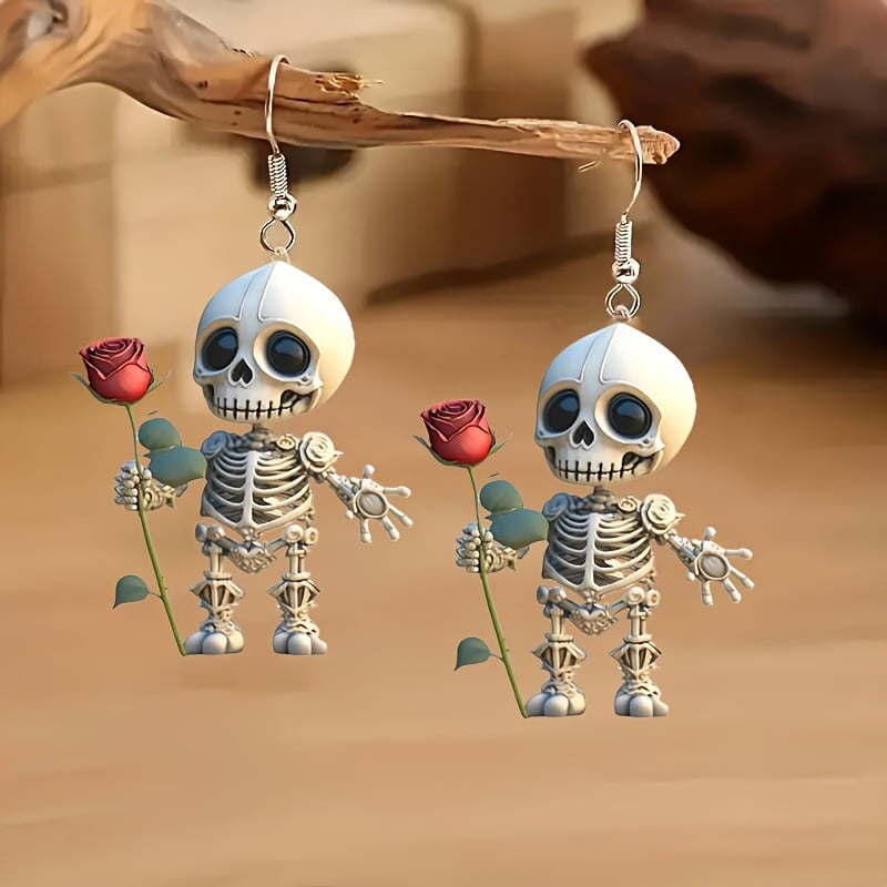 💀Skeleton with Rose Dangle Earrings